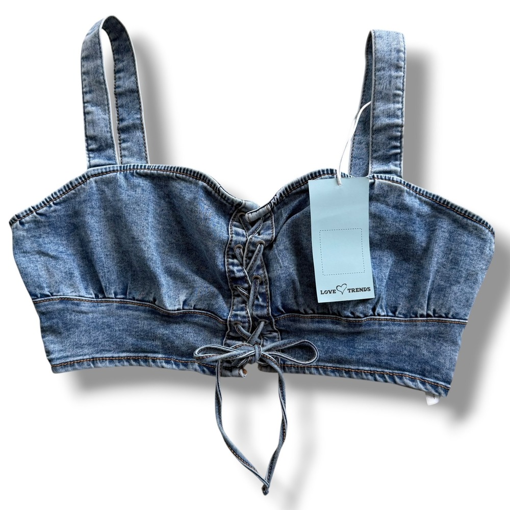 Love Trends Women M Acid Wash Blue Denim Lace Up Corset Sleeveless Crop Top Boho